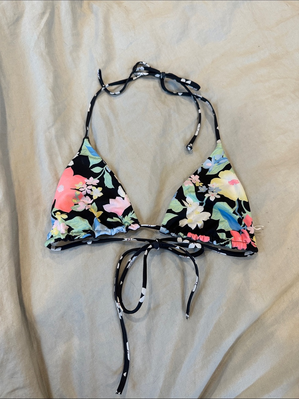 Billabong Black Floral Triangle Bikini Top with Pink, Yellow, Blue Accents